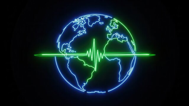 Dynamic neon globe with pulsating green energy line symbolizing global connection and digital