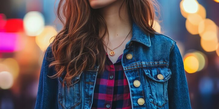 A fashionable young woman with long hair wears a denim jacket and a checkered shirt, complemented by a subtle necklace, against a bokeh background.