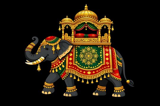Regal Crimson Ornate Ceremonial Elephant 2D Illustration
