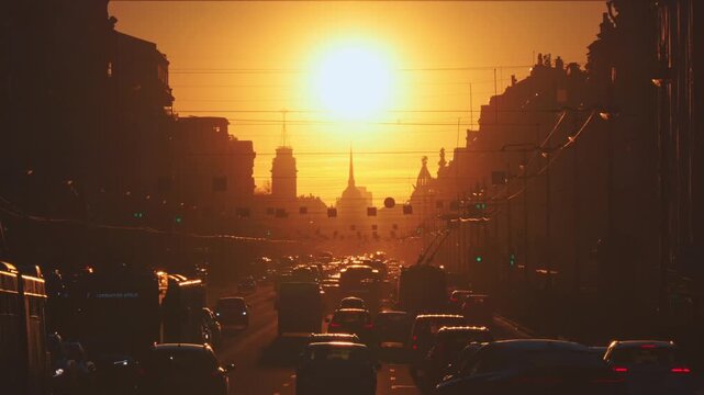 Saint-Petersburg, Russia - April 10 2026, 4k, panoramic view of Nevsky Prospect, cars on road, people walking on sidewalk, at sunset with bright sun, everything in orange light, St Petersburg, Russia