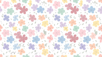 Obraz premium Pastel floral pattern featuring scattered multicolor blossoms on a soft white background for backgrounds and textiles.