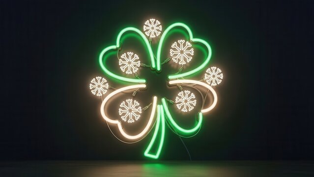 Vibrant neon four-leaf clover sign illuminated with delicate snowflake patterns against a dark