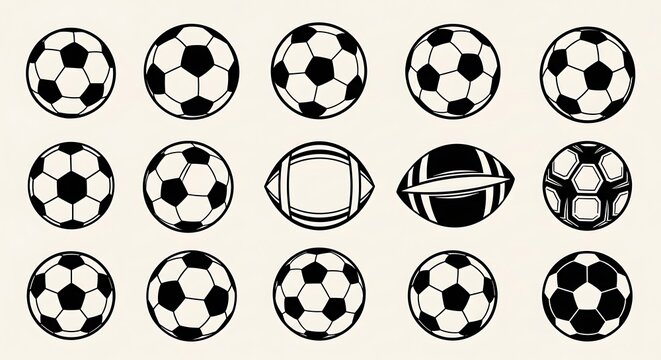 Collection of stylized sports balls, black and white, various types and arrangements