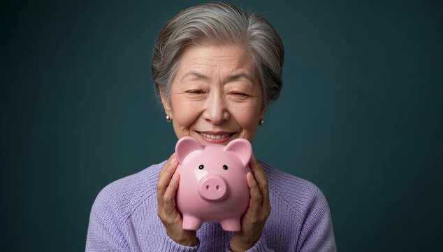 高齢の日本人女性がピンクの貯金箱を大切そうに抱えるポートレート