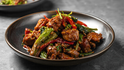Fototapeta premium Stir fried beef with broccoli and chili in savory sauce, colorful and appetizing