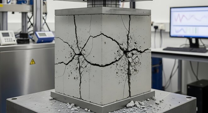 Concrete cube fractured during testing, machinery in background, with monitor displaying data