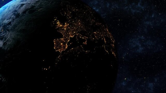 Nightly Earth planet in outer space. City lights night countries from galaxy. Communication technology for internet business worldwide. Global network concept, Life of people. Solar system element.
