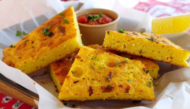 Slices of savory cornbread focaccia with tomato dip