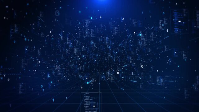 Abstract Binary Data Stream Cyber Space Digital Information Flow binary numbers code panels deep data space. big data processing, artificial intelligence systems, complex flow virtual cyber network