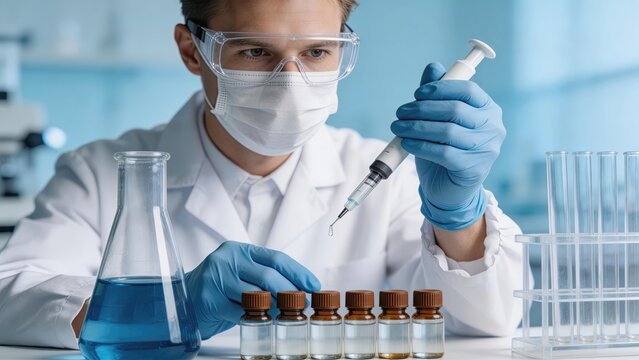 Male scientist wearing mask goggles holding syringe with drop over vials in laboratoryresearcher doing medical experiment with blue flask test tubes for vaccine development