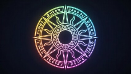 Fototapeta premium Vibrant mystical sigil glowing on a dark background displaying ancient runic symbols and celestial