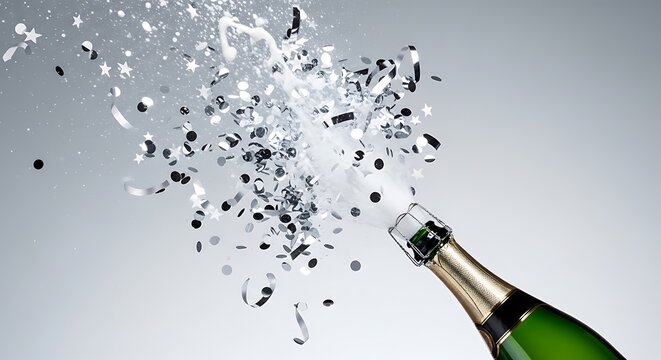 Champagne bottle popping with confetti and stars exploding in the air
