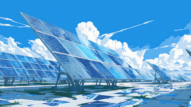 Futuristic solar farm under a vibrant blue sky