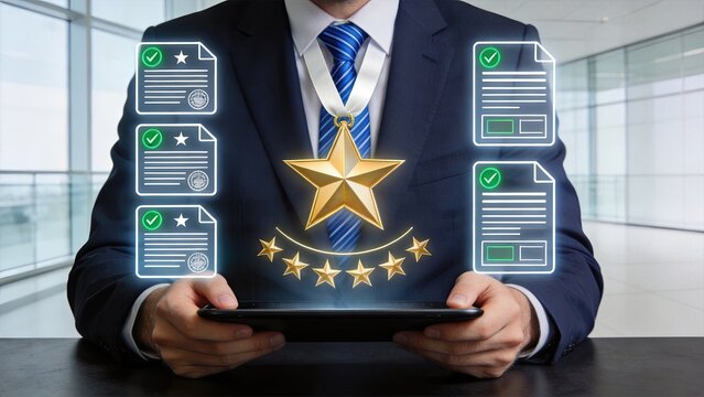 Businessman holding tablet with hologram of gold star medal and certified documentsconcept of corporate achievementfive star ratingquality assuranceverificationsuccess