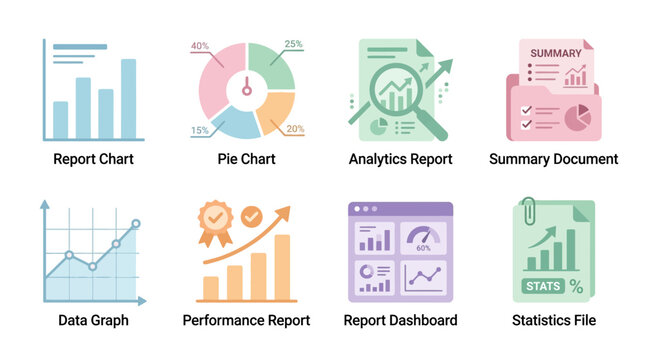 A vector set of business documents and charts for data analysis and performance reports.