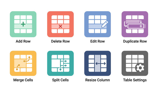 A vector set of colorful icons for spreadsheet editing tools, featuring add, delete, edit, duplicate, merge, split, resize, and settings functions.