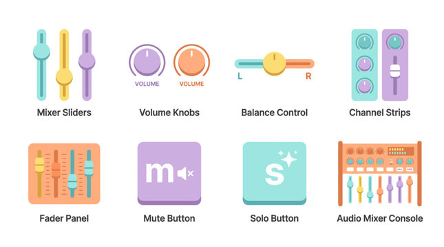 A vector set of colorful audio mixer console elements including mixer sliders, volume knobs, and channel strips on a modern interface.