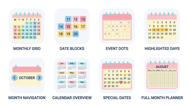 A vector set of colorful calendar icons and planners showcasing various layouts and designs for organization and scheduling purposes on a desktop.