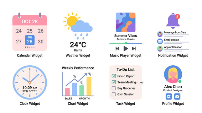 A vector set of various smartphone widgets including calendar, weather, music player, and notification icons on a digital screen.