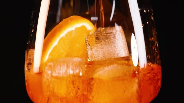Pouring refreshing orange cocktail over ice cubes and orange slice in a glass, slow motion cinematic footage.