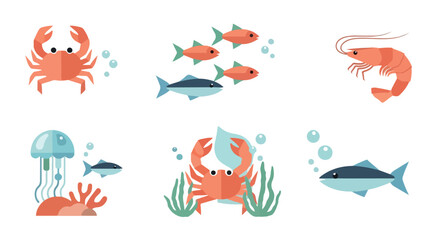 Fototapeta premium Playful sea life scene with cartoon crabs, colorful fish, and jellyfish illustration surrounding a bright coral reef