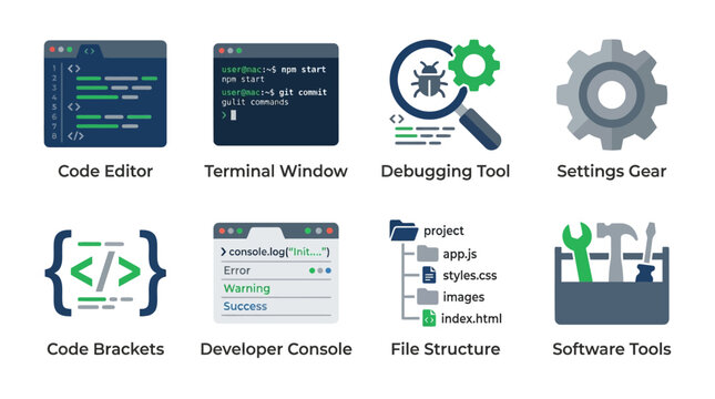 A vector set of software development tools icons featuring a code editor, terminal window, and debugging tool on a computer screen with various software tools.