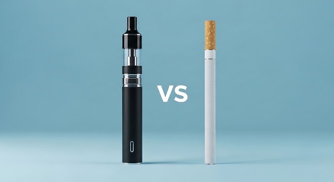 E-cigarette versus traditional cigarette comparison on a teal blue background
