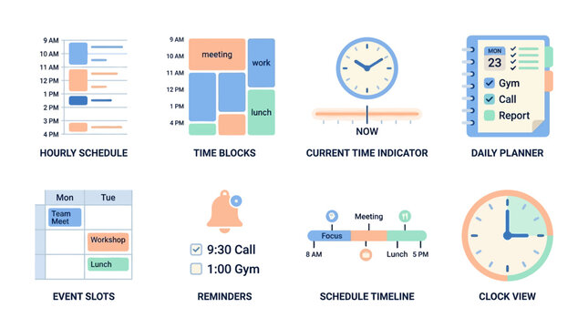 The vector set of daily planners includes various schedule designs for time management with hourly schedules, time blocks, and clock views.