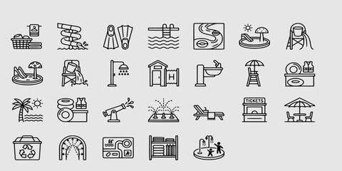 icon sheet collection of water park attractions, slides, swimming pool equipment, lifeguard stations, locker rooms, and aquatic recreation facilities. © Raka Firdaus 