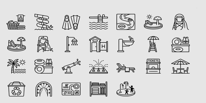 icon sheet collection of water park attractions, slides, swimming pool equipment, lifeguard stations, locker rooms, and aquatic recreation facilities.