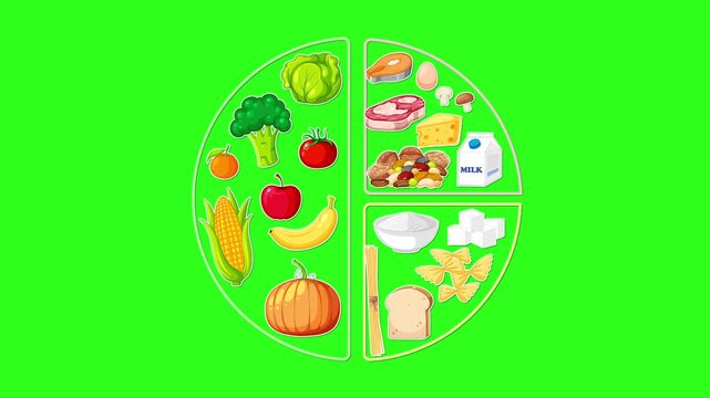 Healthy food plate animation showing balanced nutrition on green background.