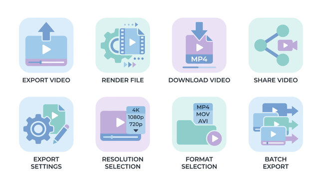 A vector set of video editing icons illustrating various functions such as export, rendering, downloading, sharing, settings, resolution, format selection, and batch processing.