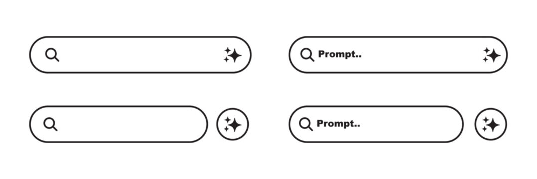 Generate AI prompt bar set. Artificial intelligence, machine learning technology, chat, futuristic, button design concept. Vector illustration. AI search bar with star symbols. Minimal AI assistant.
