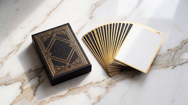 Premium black playing cards mockup with gold foil box on white marble surface.