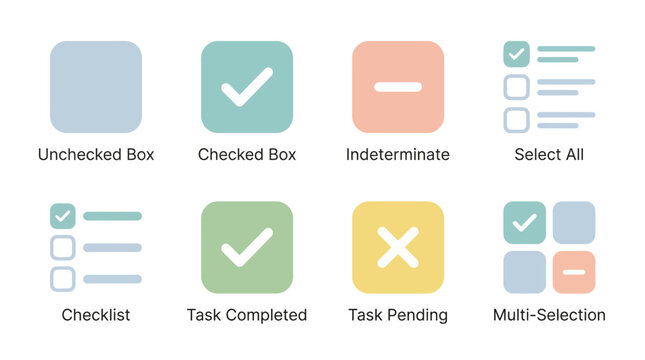 A vector set of checklist icons including unchecked box, checked box, and task completed symbols in various colors on a white background for business and task management purposes.