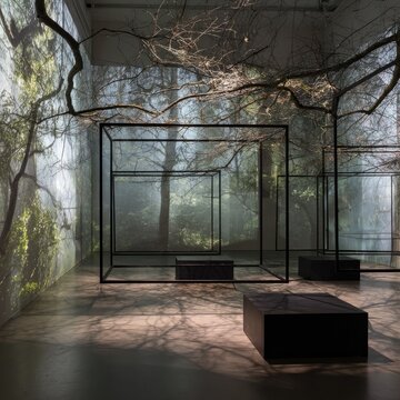 Installation with projections, metal frames, branches, and forest scene