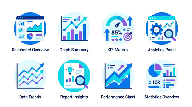 A vector set of business analytics icons including dashboard overview, graph summary, KPI metrics, and statistics overview for data trends and report insights.