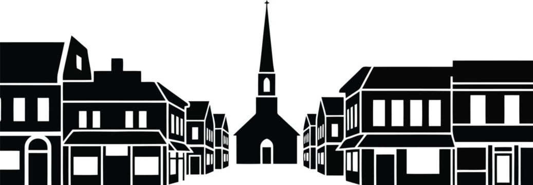 Minimalist black and white silhouette of a small town main street with a church steeple
