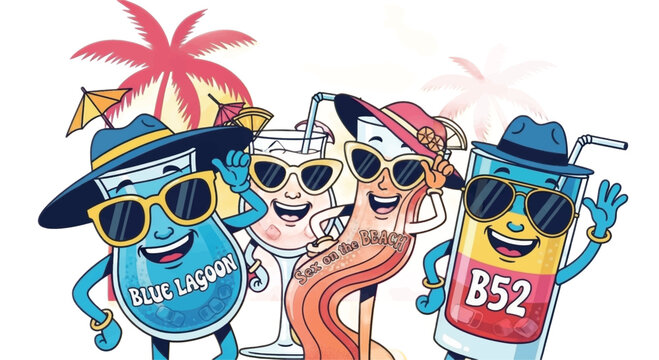 Cartoon cocktail characters, summer drinks, colorful icons, party illustrations, vector set