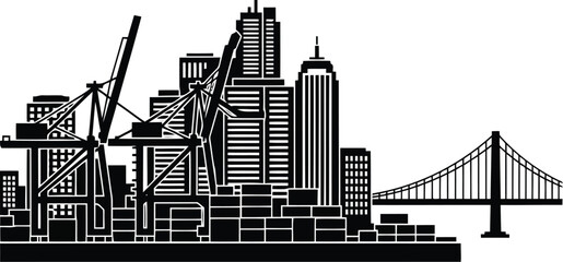 Obraz premium city skyline with bridge and cranes, industrial harbor silhouette, urban landscape