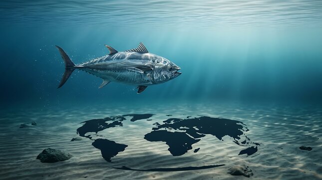 Tuna Fish Swimming Over World Map on Ocean Floor Underwater