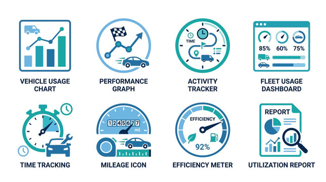 A vector set of modern transportation icons featuring vehicle usage charts and performance graphs for fleet management and efficiency tracking.