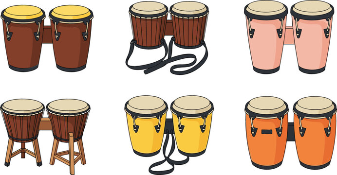 Bongo Conga Drum Collection with Percussion Musical Instruments in Different Styles Isolated Vector Design Set for Music Themes