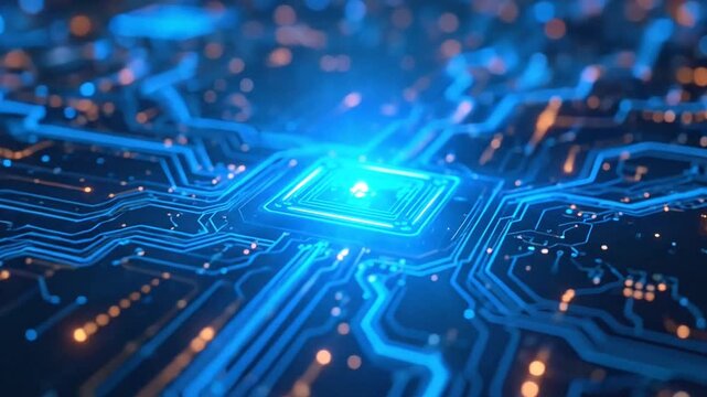 Central processing unit glowing blue on a futuristic circuit board with intricate data lines