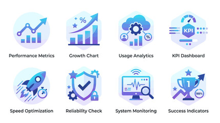 Fototapeta premium Vector set of business analytics icons depicting performance metrics and growth charts with usage analytics and KPI dashboards for speed optimization and reliability checks.