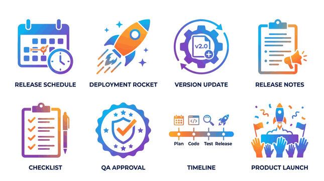 A vector set of modern icons illustrates a product launch timeline with checklist, QA approval, and deployment rocket in a business setting for technology and industry.