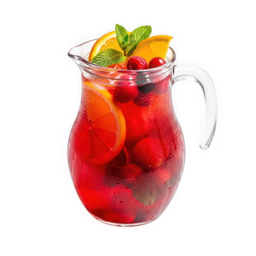 Refreshing red fruit sangria in a glass pitcher with orange slices, berries, and fresh mint leaves