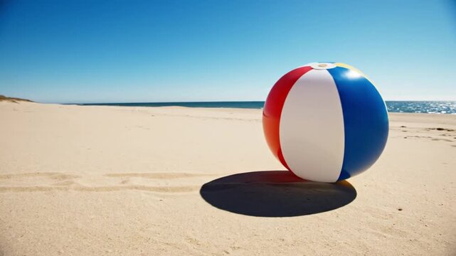 One beach ball rolling slowly then stopping wide empty background playful clean composition