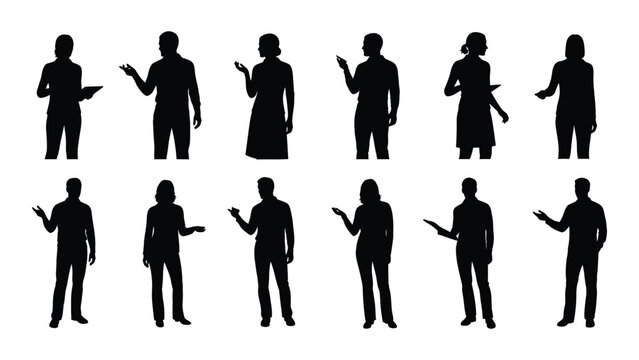A collection of silhouette figures depicting diverse people in various conversational poses and gestures high quality