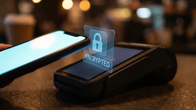 mobile payment security platform concept. Smartphone making encrypted contactless payment on a card reader terminal.